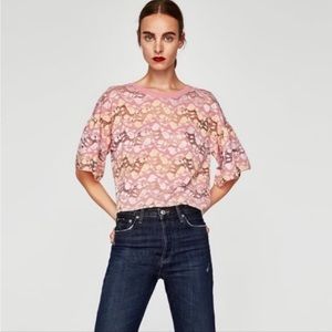 NWOT - ZARA Crop Crew Neck Lace Top with Bell Sleeves